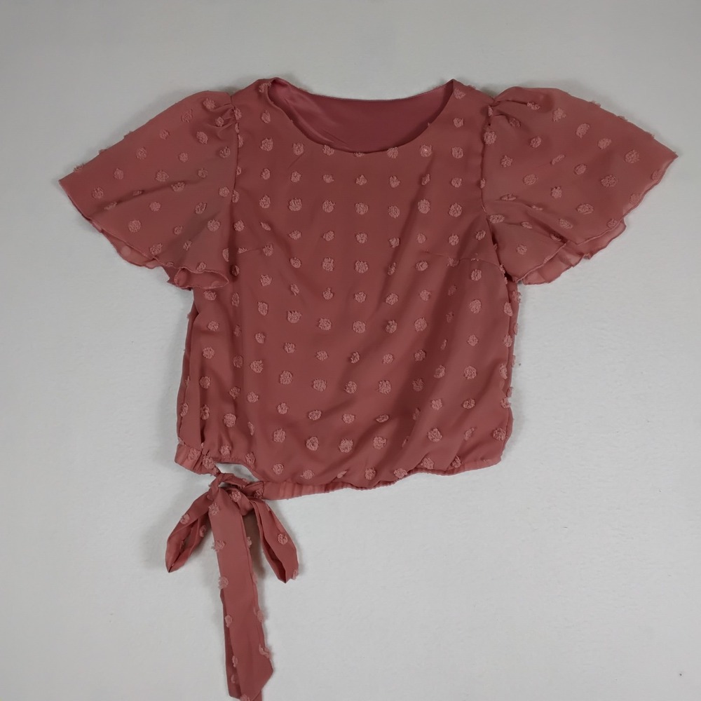 Womens Swiss Dot Blouse Flutter Sleeve Side Tie Hem Boho Top Dusty Rose Small